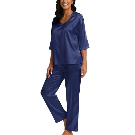 Womens Silky Satin Pajamas Set 3/4 Sleeve T-Shirt with Long Pajama Pants Loose Fit Sleepwear Soft Loungwear Pj Set, Blue S-2XL