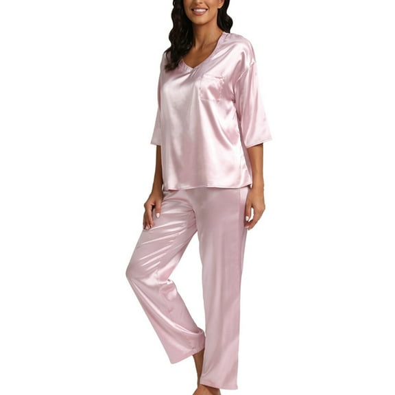 Womens Silky Satin Pajamas Set 3/4 Sleeve T-Shirt with Long Pajama Pants Loose Fit Sleepwear Soft Loungwear Pj Set, Pink S-2XL