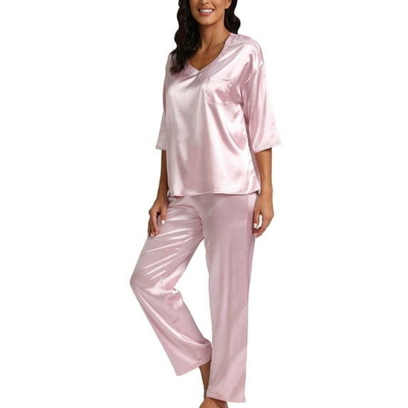 Womens Silky Satin Pajamas Set 3/4 Sleeve T-Shirt with Long Pajama Pants Loose Fit Sleepwear Soft Loungwear Pj Set, Pink S-2XL