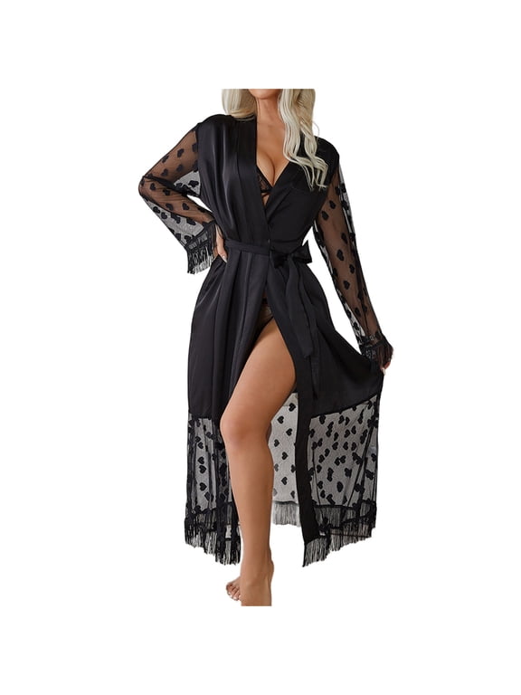 Womens Silky Satin Robes Sheer Mesh Long Sleeve Kimono Lightweight Bathrobe Fringe Hem Elegant Sleepwear Bridal Pajamas Loungewear, Black, M