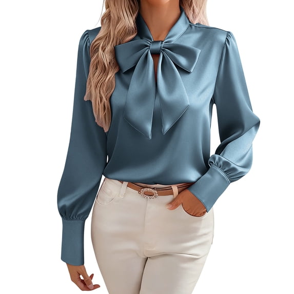Womens Silky Satin Shirts Bow Tie Front Tops Dressy Casual Blouses Long Sleeve Work Business Office Wear, Navy XL