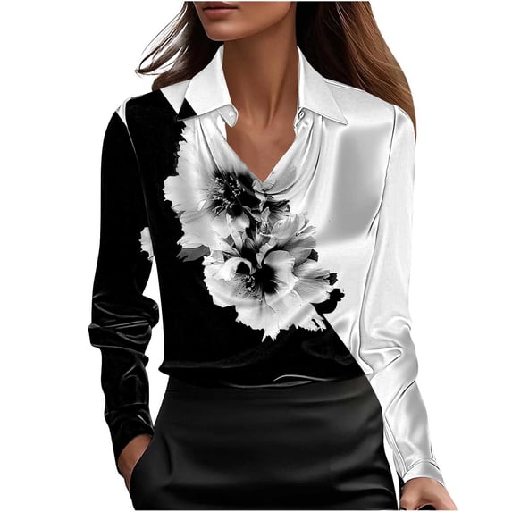 Womens Silky Satin Shirts Floral Printed Dressy Casual Spring Fall Tops Lapel Cowl Neck Long Sleeve Blouses (2XL, Black B)