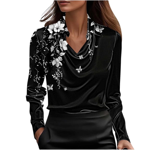 Womens Silky Satin Shirts Floral Printed Dressy Casual Spring Fall Tops Lapel Cowl Neck Long Sleeve Blouses (2XL, Black C)