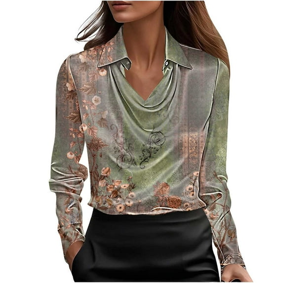 Womens Satin Shirts Floral Printed Dressy Casual Spring Fall Tops Lapel Cowl Neck Long Sleeve Blouses (L, Green)