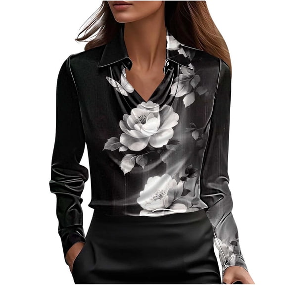 Womens Silky Satin Shirts Floral Printed Dressy Casual Spring Fall Tops Lapel Cowl Neck Long Sleeve Blouses (XL, Black A)
