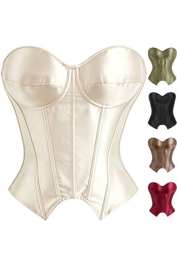 Womens Silky Satin Strapless Tube Top Sweetheart Boned Corset Bustier Slim Fitted Shapewear Crop Blouses for Going Out Party Clubwear Halloween, Beige, S