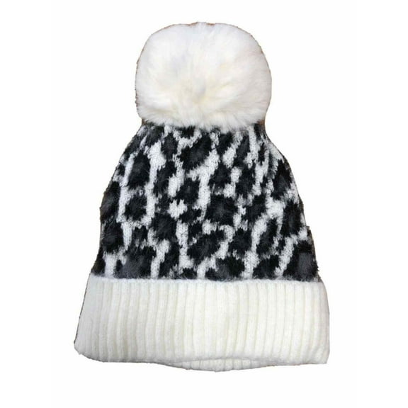 Womens Silky Soft Black & White Leopard Print Beanie Hat Knit Stocking Cap