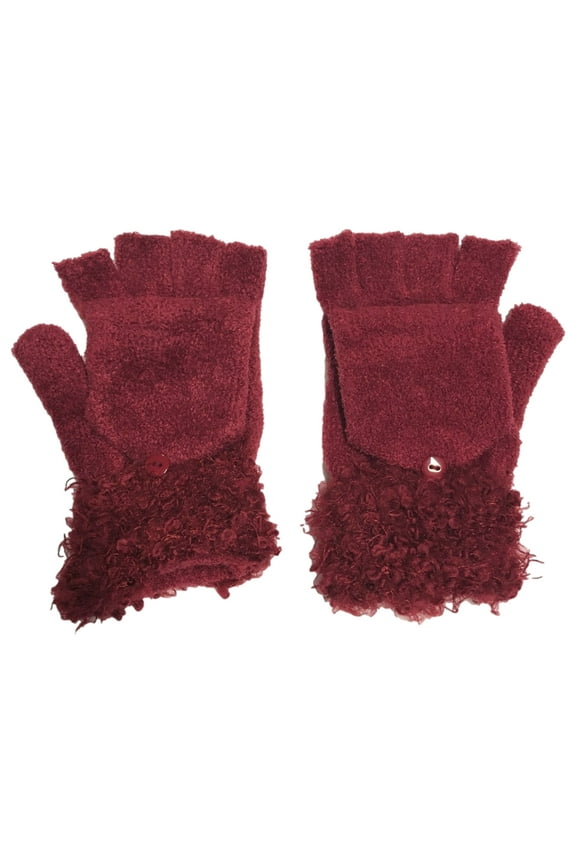 Womens Silky Soft Burgundy Fringe Fingerless Convertible Gloves with Mitten Tops