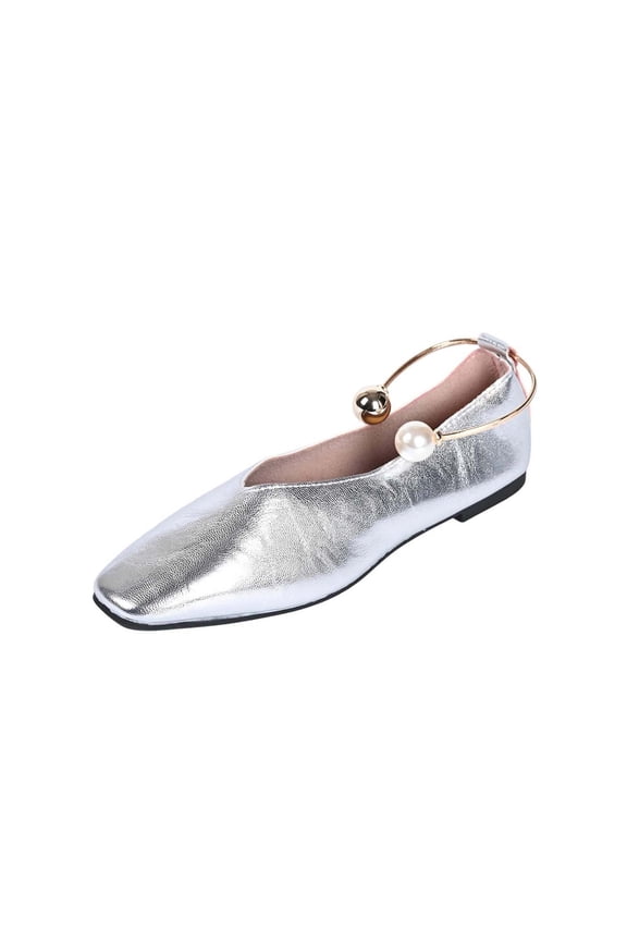 Womens Silver Ballet Flats with Ankle Strap Pearl Detail, Square Toe Metallic Flats for Women Comfortable Dressy Office Casual Shoes,Size 42