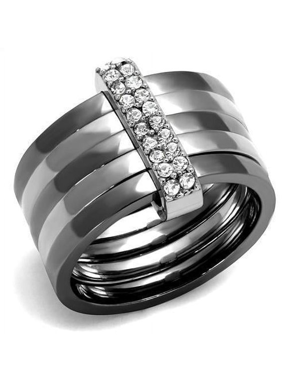 Womens Silver Charcoal Ring Anillo Para Mujer Stainless Steel Ring with Top Grade Crystal in Clear Jaelyn
