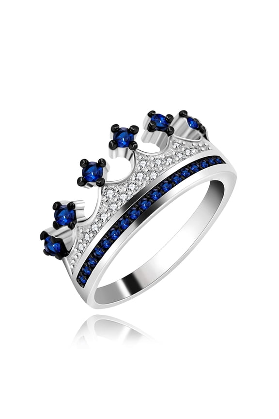 Womens Silver Color Dark Blue Cubic Zirconia Crown Princess Tiara Ring Wedding Band Promise Rings for Her (Blue, size 6)