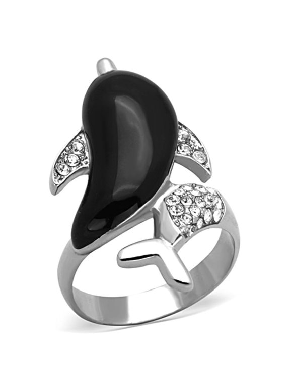 Womens Silver Dolphin Ring Black Anillo Para Mujer Stainless Steel Ring with Glass in Emerald