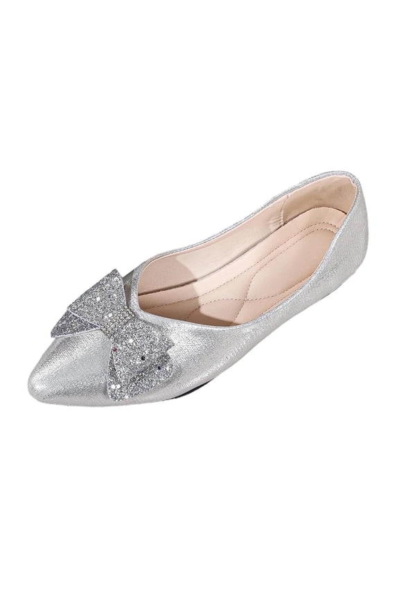 Womens Silver Flats Pointed Toe Bow Rhinestone Sparkly Glitter Wedding Party Comfortable Dress Shoes Cushioned Insole Faux Faux Leather,Size 6
