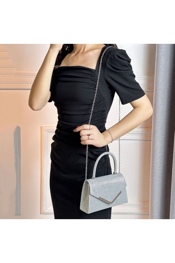 Womens Silver Glitter Clutch Bag for Party Sparkly Evening Purse with Detachable Crossbody Chain Strap,Size Free Size