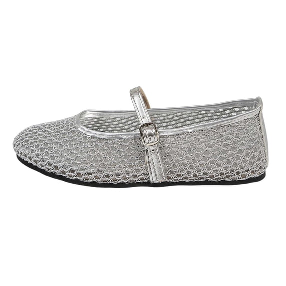Womens Silver Mesh Flats - Lightweight Breathable Mary Jane Shoes with Adjustable Strap,Size 6.5
