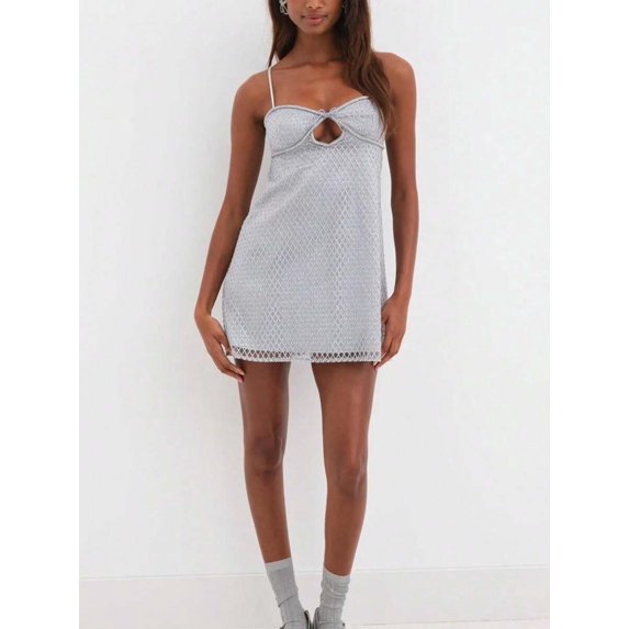 Womens Silver Mesh Slip Dress With Spaghetti Straps And Cutout Detail Mini Dress
