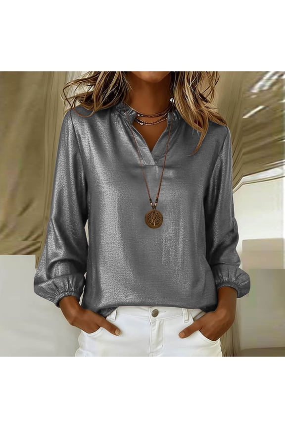 Womens Silver Metallic Blouse Ruffle Long Sleeve V Neck Balloon Top Flowy Shiny Casual Evening Tops,Size 2XL