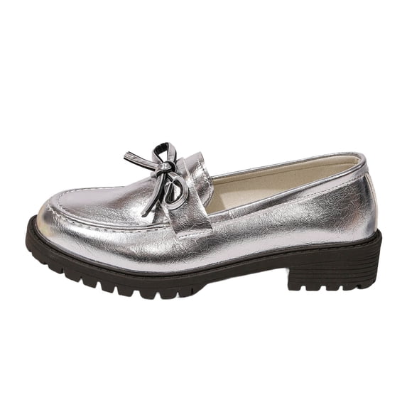 Womens Silver Metallic Chunky Platform Loafers Bow Detail Slip On Comfortable Lug Sole Shoes,Size 6.5