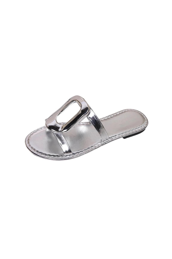 Womens Silver Metallic Slide Sandals with Buckle Detail | Flat Casual Summer Beach Slides | PU Synthetic Faux Leather | Sizes 5.5-9.5,Size 43