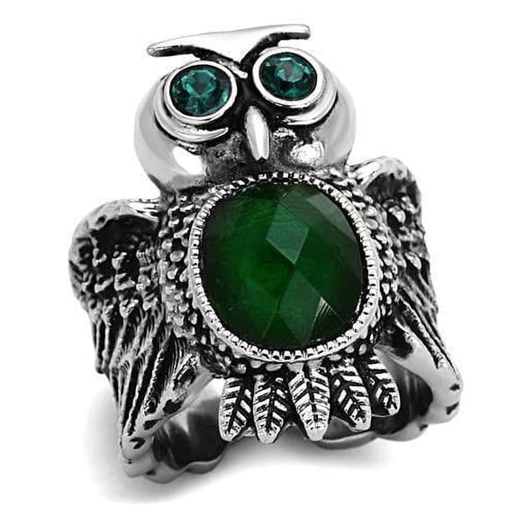 Womens Silver Owl Ring Emerald Green Anillo Para Mujer Stainless Steel Ring with Glass in Emerald