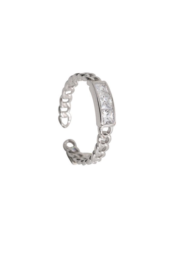 Womens Silver Ring Korean Texture Square Ring Diamond Chain Ring Electroplated Geometric Ring Adjustable Opening Ring Individually Packed Festival Ring
