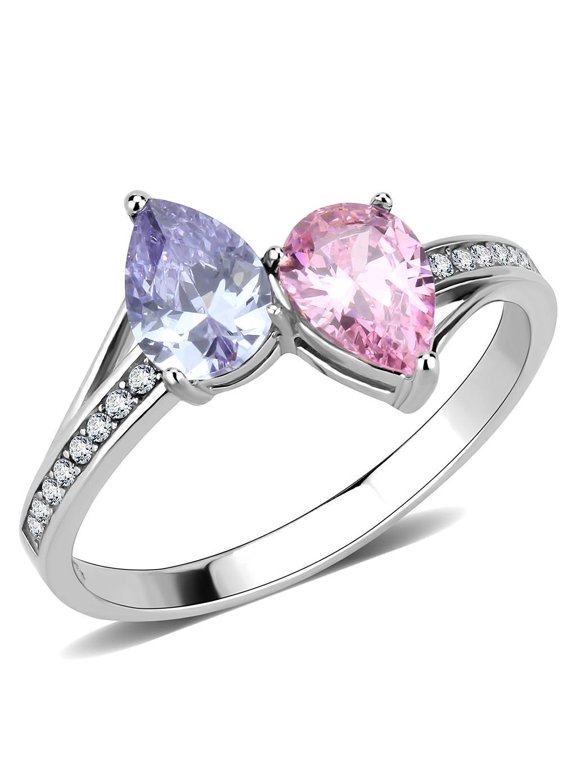 Womens Silver Ring Purple Pink Tear Drops Stainless Steel Ring with AAA Grade CZ in Multi Color