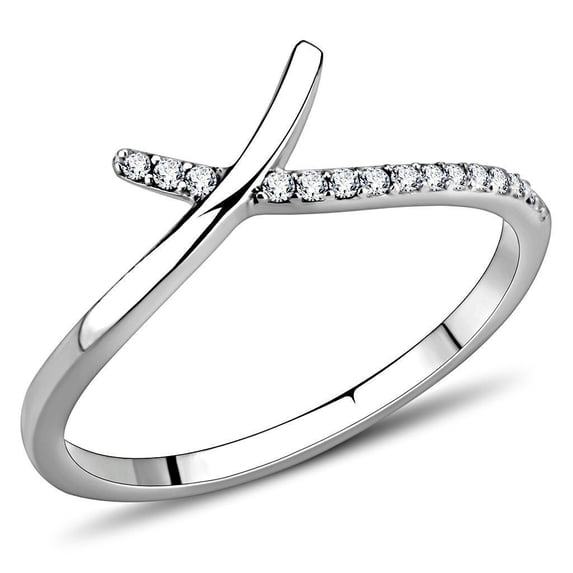 Womens Silver Rings High polished (no plating) 316L Stainless Steel Ring with AAA Grade CZ in Clear DA154