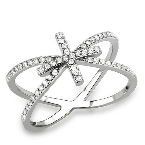 Womens Silver Rings High polished (no plating) Stainless Steel Ring with AAA Grade CZ in Clear DA353