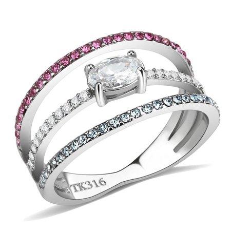 Womens Silver Rings High polished (no plating) Stainless Steel Ring with AAA Grade CZ in Multi Color DA386