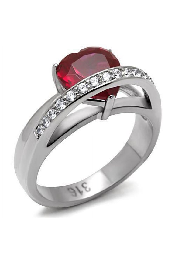 Womens Silver Rings High polished (no plating) Stainless Steel Ring with AAA Grade CZ in Ruby TK089
