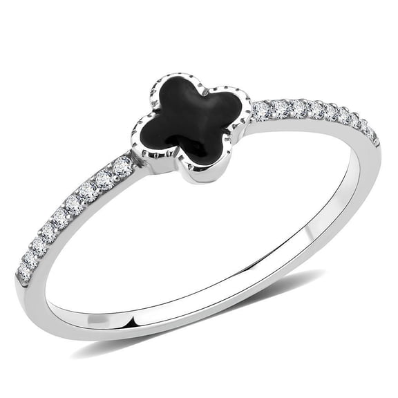 Womens Silver Rings No Plating Stainless Steel Ring with Epoxy in Jet DA320