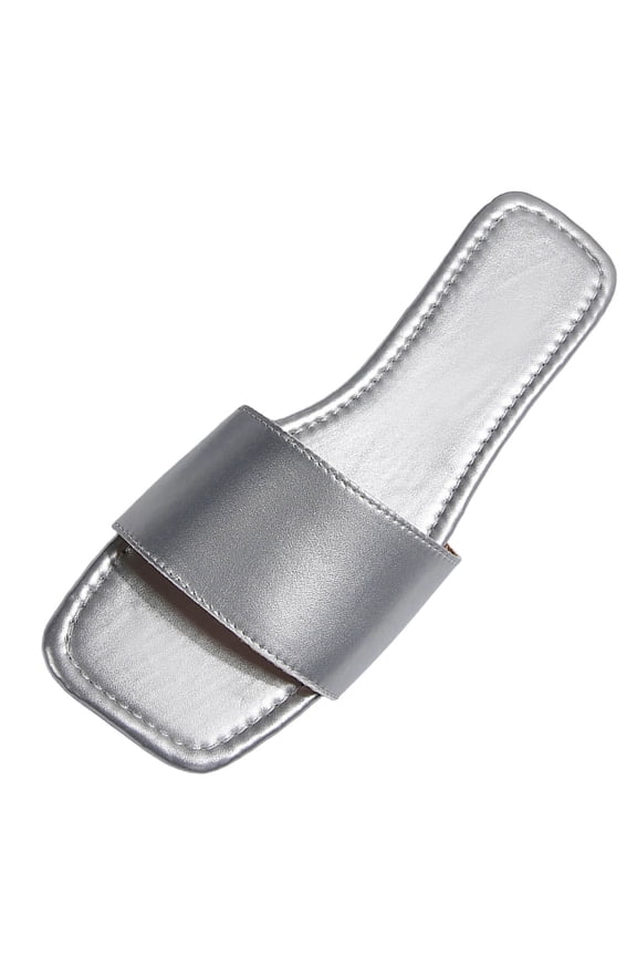 Womens Silver Slides - Metallic Square Toe Casual Sandals for Women, Comfortable Flat Slide Sandals for Everyday & Summer,Size 9