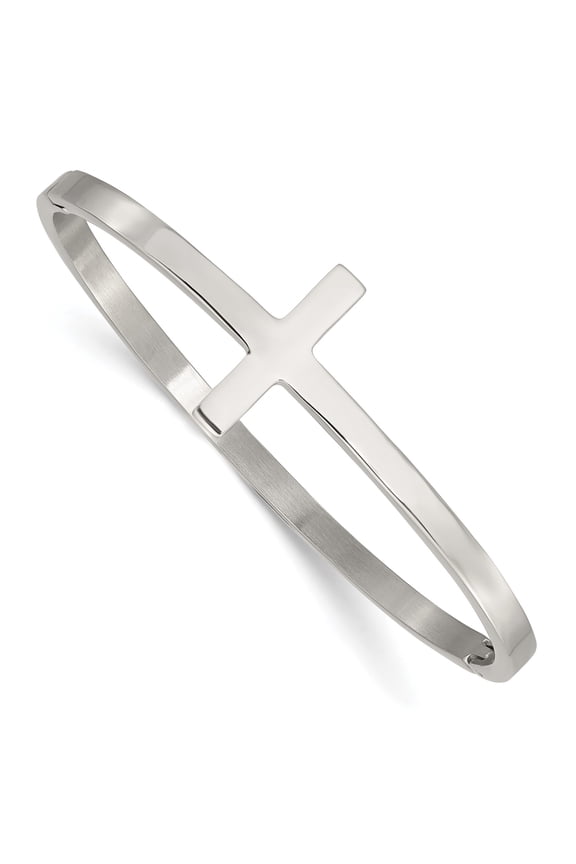 Womens Silver Tone Cross Bangle Bracelet Polished Minimalist Modern Faith Jewelry Lightweight Hinged Design Elegant Spiritual Style Reflective Flat Metal Religious Statement Wristwear