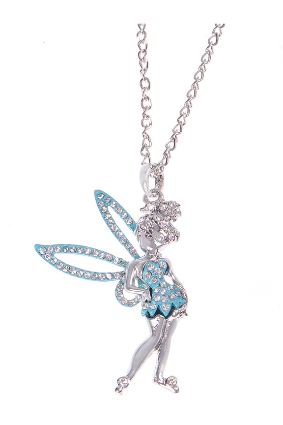 Womens Silver Tone Green Enamel Clear Crystal Rhinestone Pixie Fairy Angel Pendant Necklace