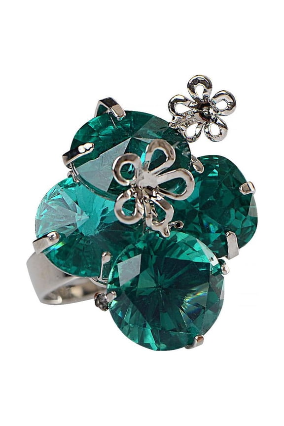 Womens Silver Tone Turquoise Green Crystal Rhinestone Cluster Floral Flower Adjustable Ring