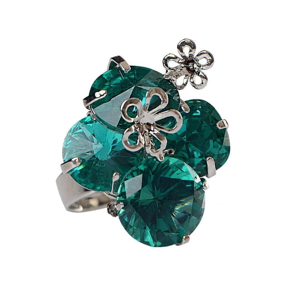 Womens Silver Tone Turquoise Green Crystal Rhinestone Cluster Floral Flower Adjustable Ring