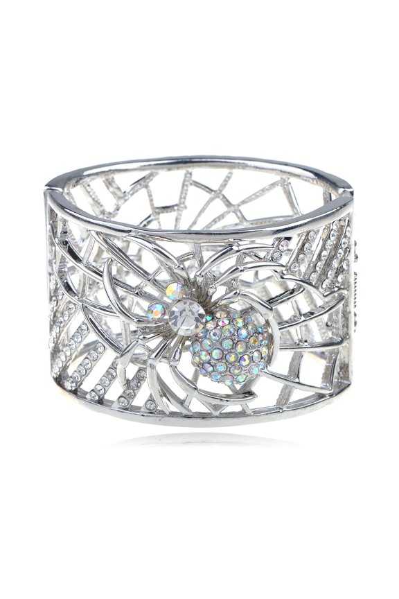 Womens Silvery Tone Filigree Clear Rhinestone Crystal Spider Web Witch Cuff Bangle Bracelet