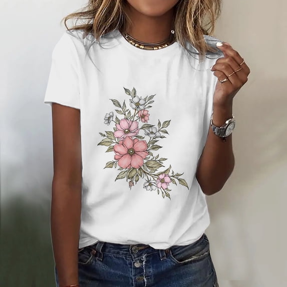 Womens Simple Casual Printing Comfortable Round Neck Short Sleeve T Shirt