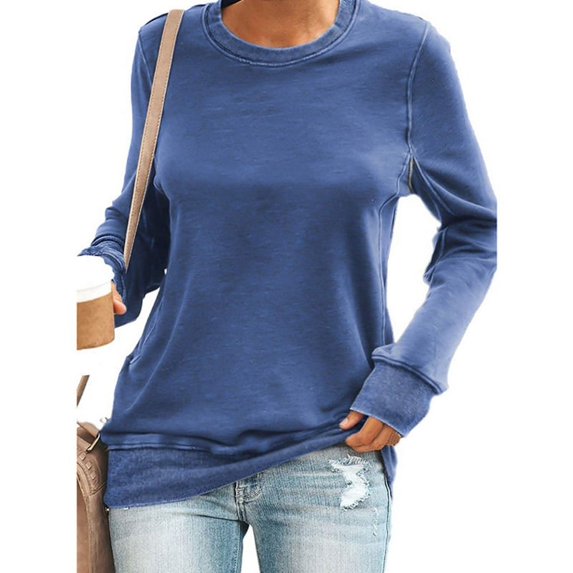 Womens Simple Crewneck Long Sleeve Casual Solid Thin Pullover Sweatshirts Tops Shirts Blue L