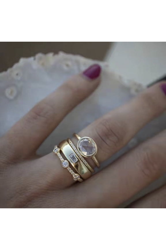 Womens Simple Geometric Golden Alloy Ring with Sparkling Rhinestone Inlay and Metal Stitch Detailing, Four-Piece Set