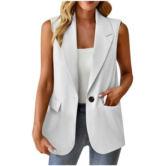 Womens Single Buttton Long Vest Jackets Fashion Dressy Notch Lapel Sleeveless Blazer Solid Color Office Work Outerwear with Pocket