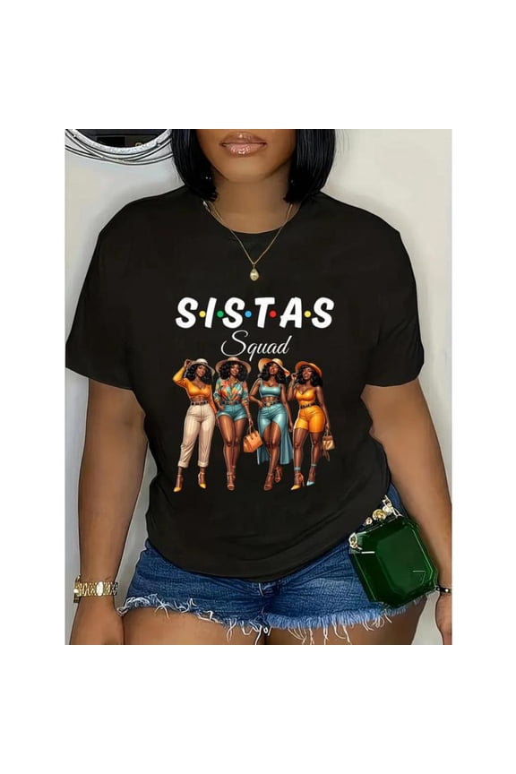 Womens "Sistas Squad" Graphic Tees Empowering Print T - shirts With Stylish Women And Witty Text Design Comfortable Short Sleeve Casual Daily Wear Tops Perfect For Female Friend Groups