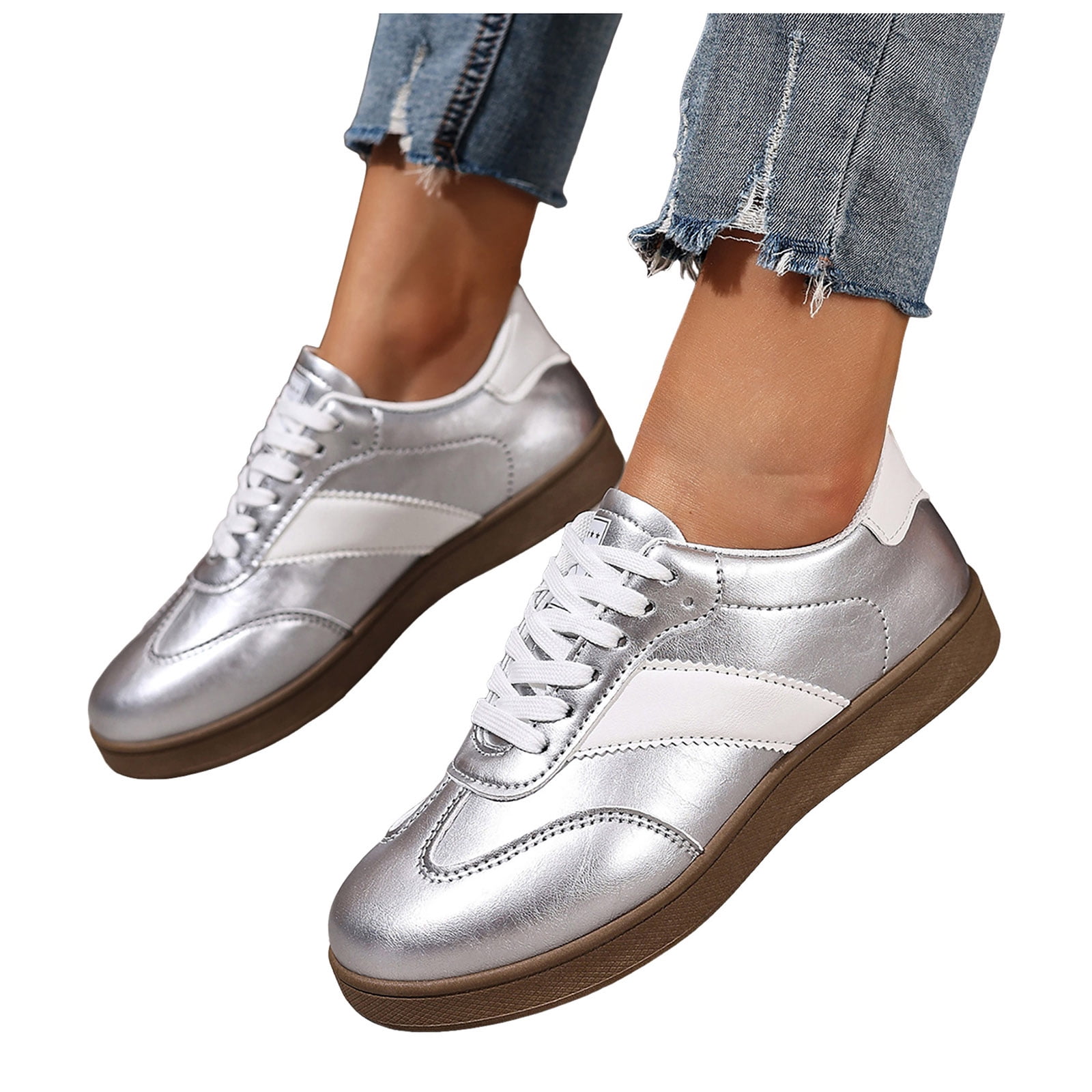 Womens Skate Shoes Comfy Arch Support Tennis Walking Shoes Fashion Color Block Lace up Nonslip Trainers Sneakers Silver Size 9