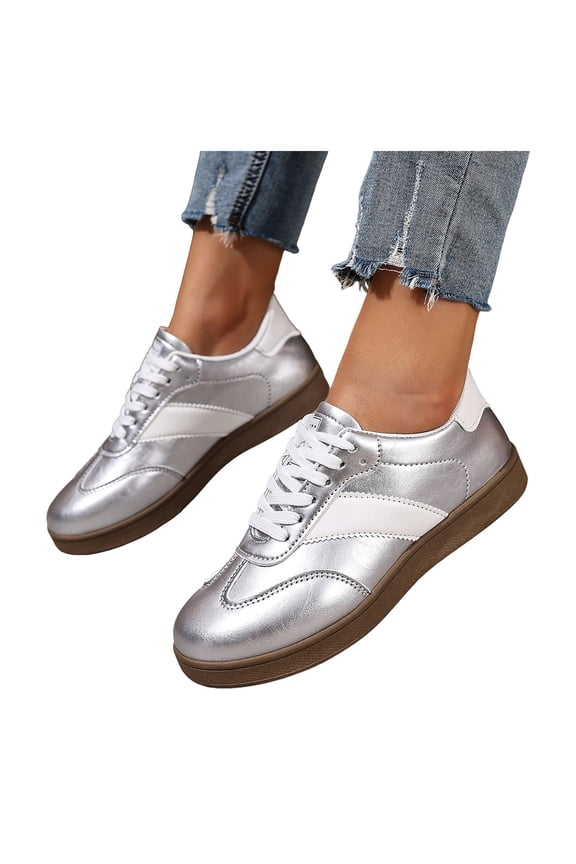 Womens Skate Shoes Comfy Arch Support Tennis Walking Shoes Fashion Color Block Lace up Nonslip Trainers Sneakers Silver Size 9