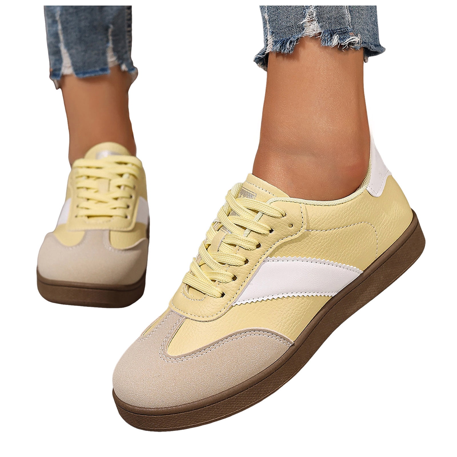Womens Skate Shoes Comfy Arch Support Tennis Walking Shoes Fashion Color Block Lace up Nonslip Trainers Sneakers Yellow Size 7