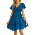 thumbnail image 1 of Womens Skater Dresses Sexy V Neck Short Sleeve Tie Waist Solid Ruffle Boho Flowy Swing Mini Dress, 1 of 5