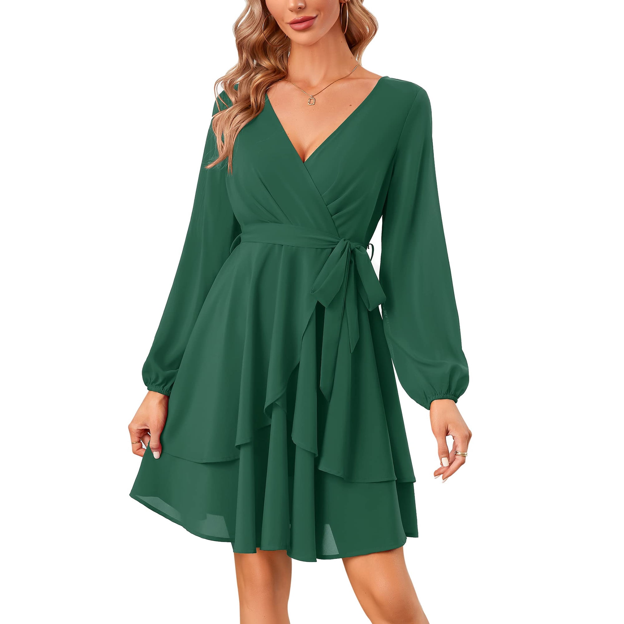 Casual Flared Dress Esobo Women's Summer V-Neck Flared Dress - Ruffle Hem  Mini Skater Dress V-neck Summer Dress