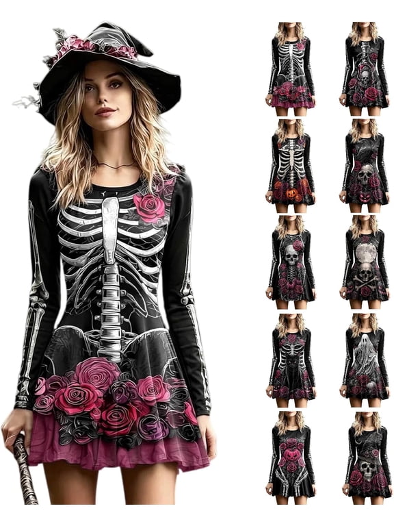Womens Skeleton Dress Long Sleeve Skull Print Halloween Dresses Witch Vampire Gothic