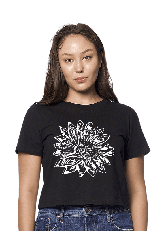 Womens Sketch Lotus Flower American-Made Cute Cropped Yoga Tee Shirt, XL Black