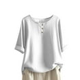 thumbnail image 1 of Women's Crew Neck Tops Cotton Tinen Solid Color Tee Half Sleeve Shirts Button Pullover Tshirts Lightweight Breathable T-Shirts Relaxed Cozy Blouse Commutes Vacation Costume, 1 of 5